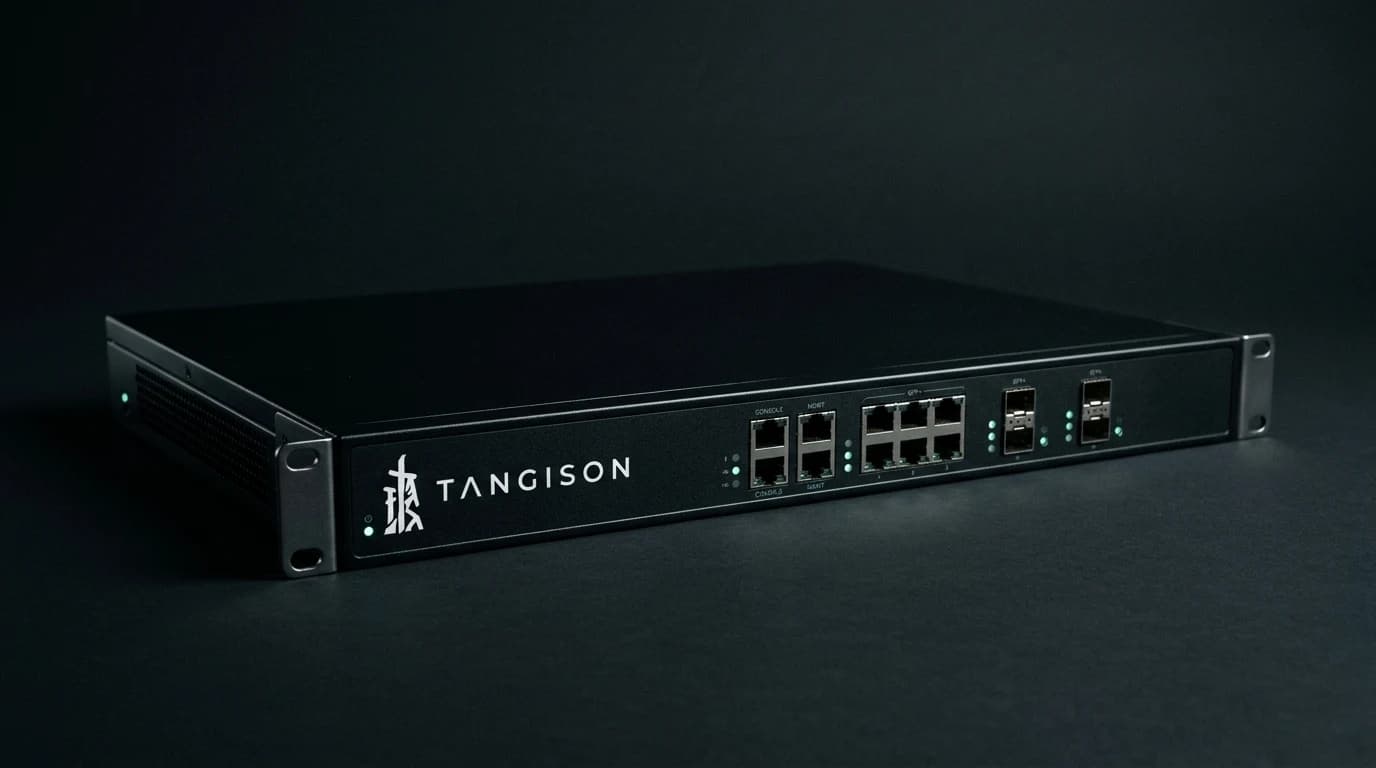 Illustrative: an enterprise firewall and security switch appliance with status indicator lights on a dark rack