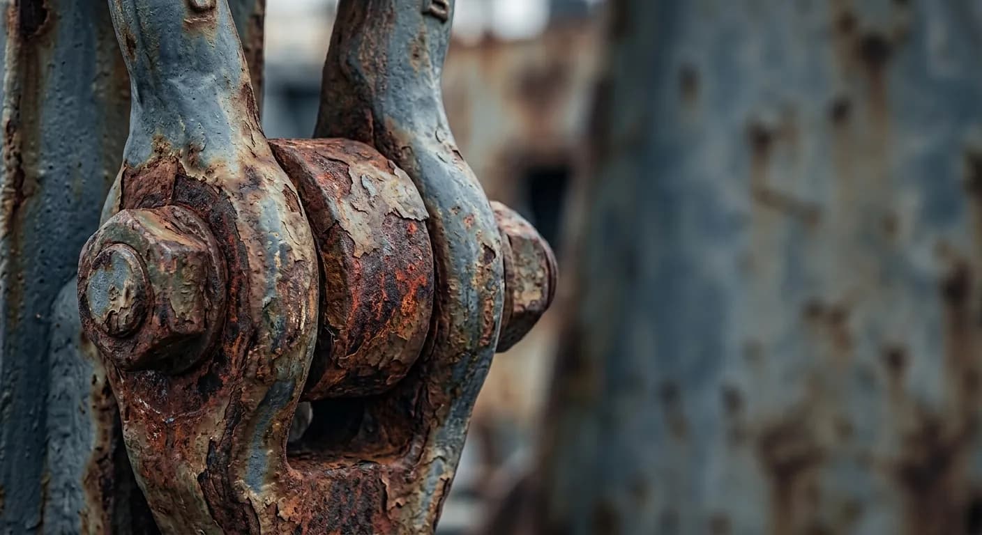 Close view of a rusted steel shackle and bolt, salt-worn hardware that still holds