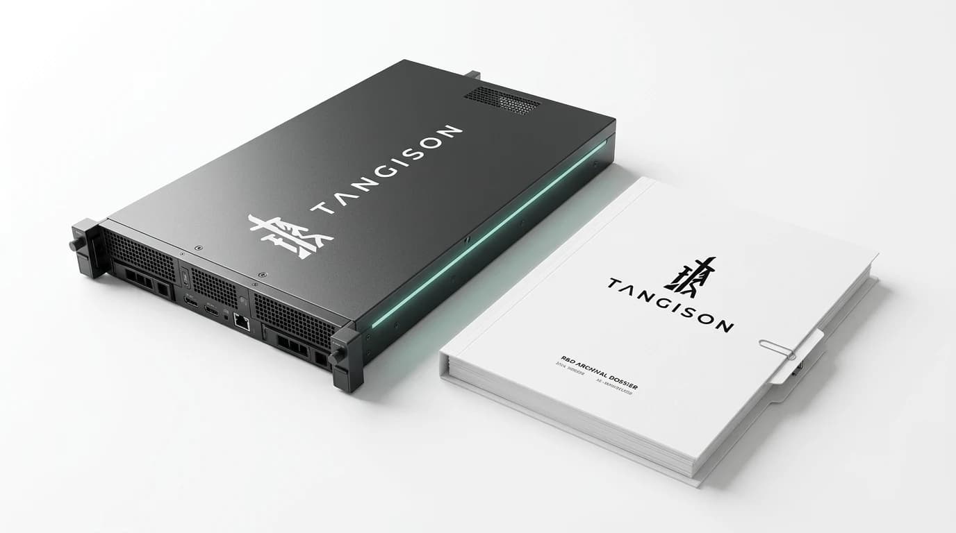 Illustrative artwork for the agent lineage: a self-hosted AI server blade beside a printed R&D archival dossier