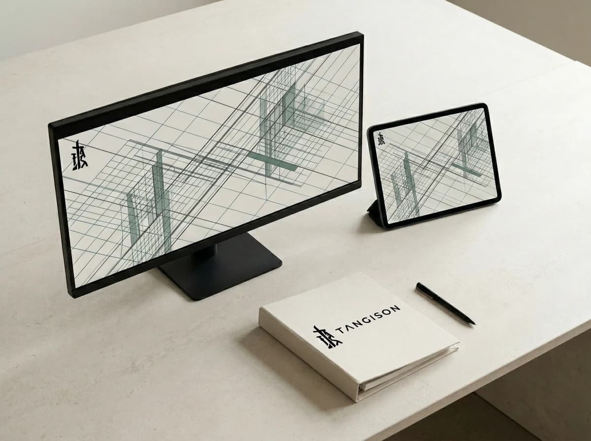 Illustrative: an archival binder beside a desktop and tablet running workflow software