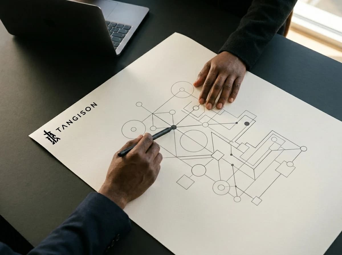 Illustrative: hands reviewing a printed network architecture blueprint with a drafting stylus