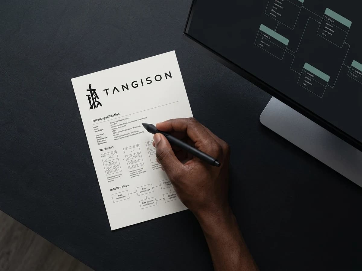 Illustrative: a printed system specification sheet beside a relational database schema display