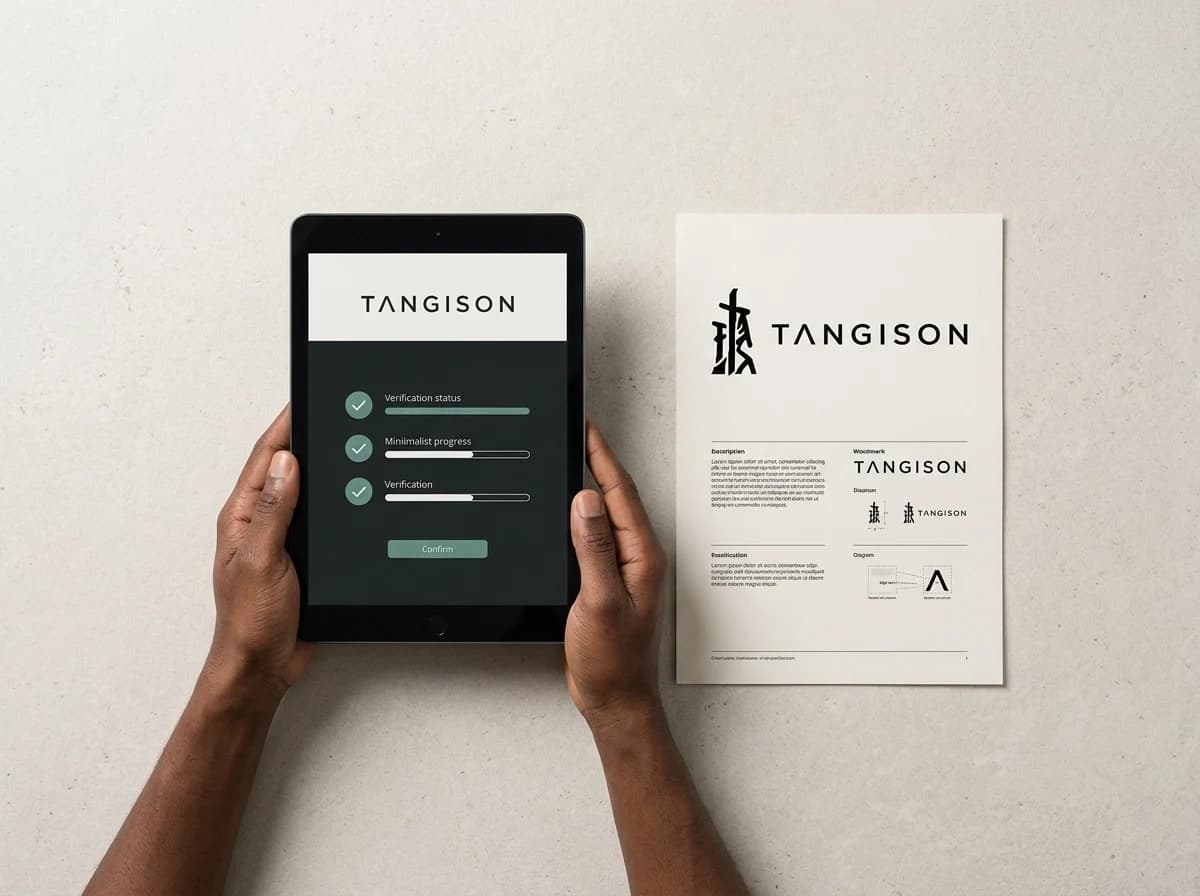 Illustrative: a tablet running a single-purpose AI verification checklist beside a specification sheet
