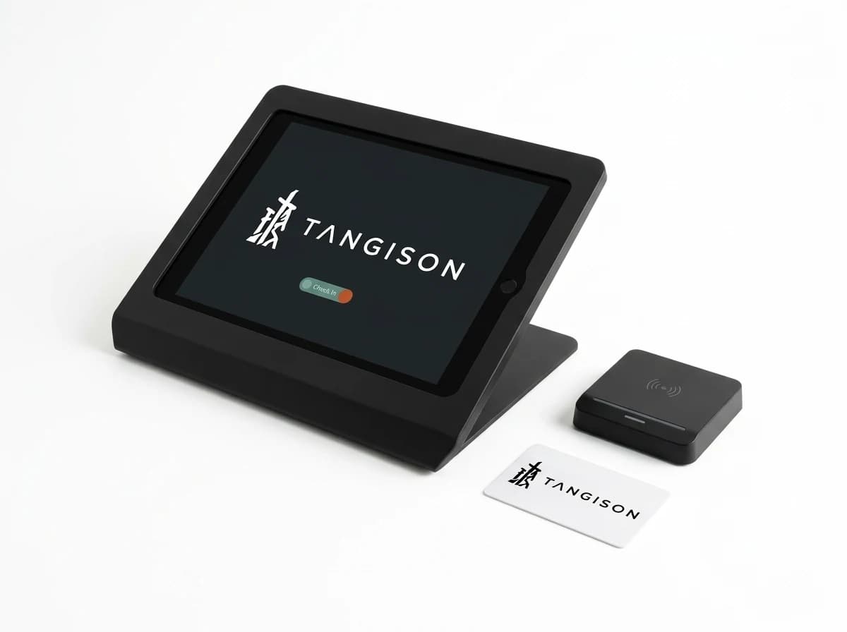 Illustrative: the Sentry hardware kit, a wall-mounted tablet and RFID cards on a pure white studio surface