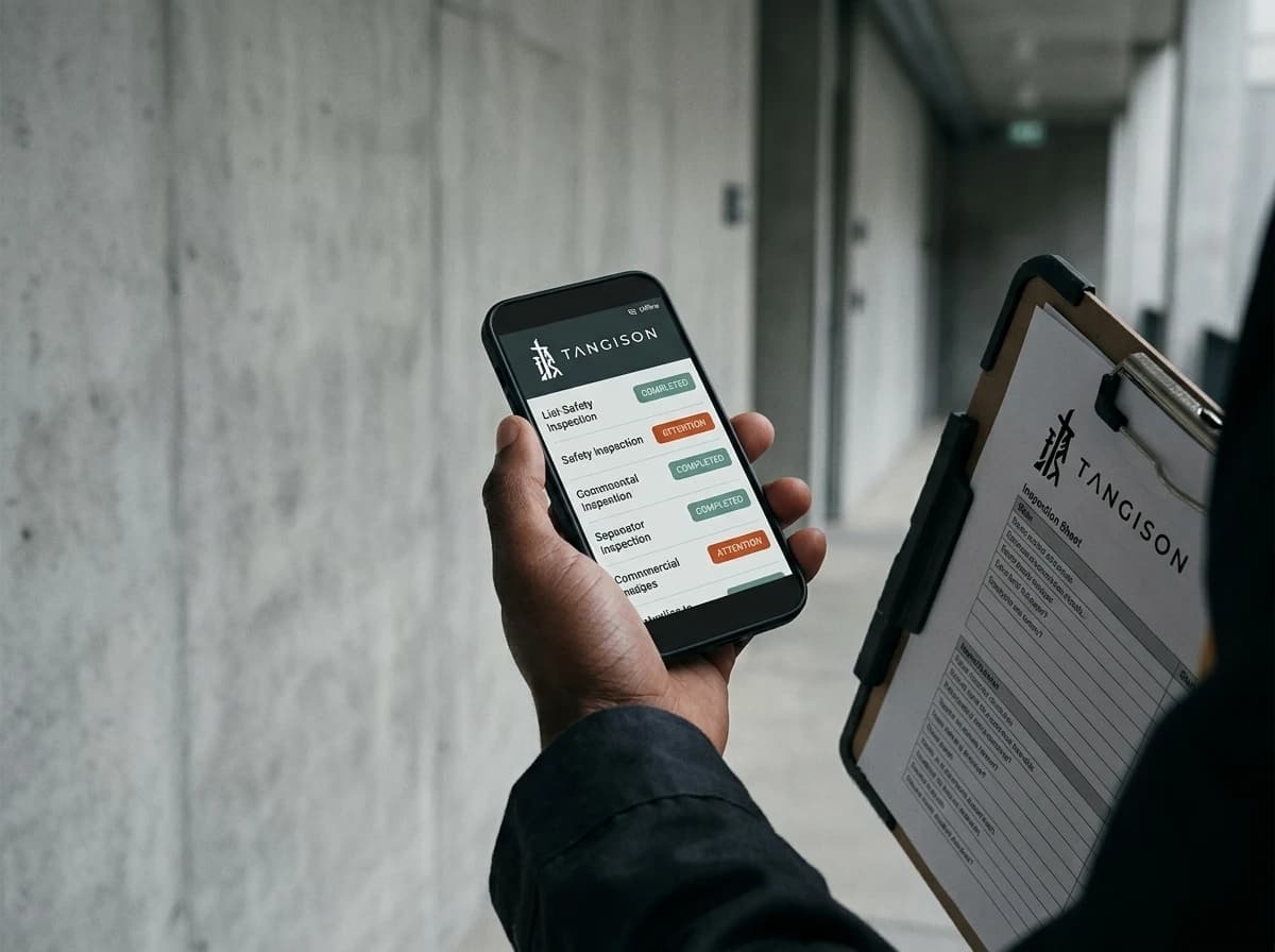 Illustrative: a mobile safety inspection checklist open on a work phone at a site staircase