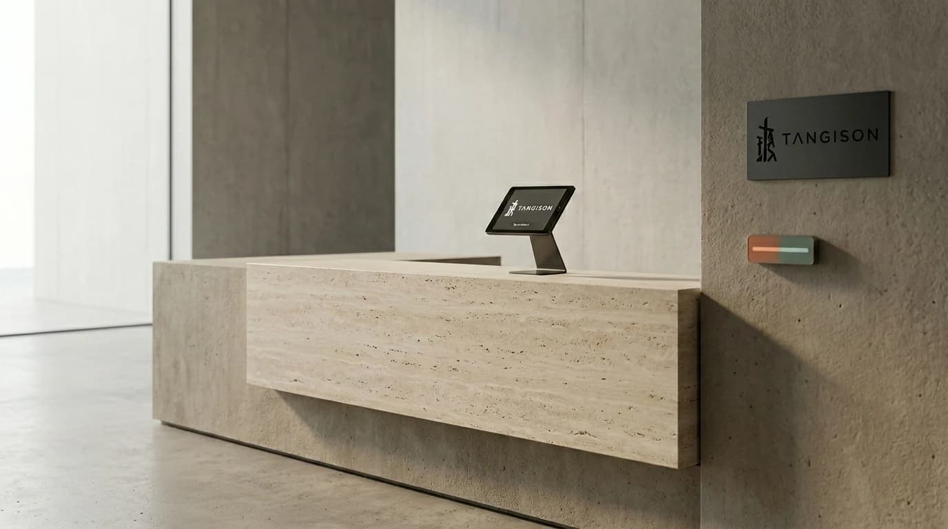 Illustrative: a visitor checking in at a reception kiosk terminal with an RFID access reader