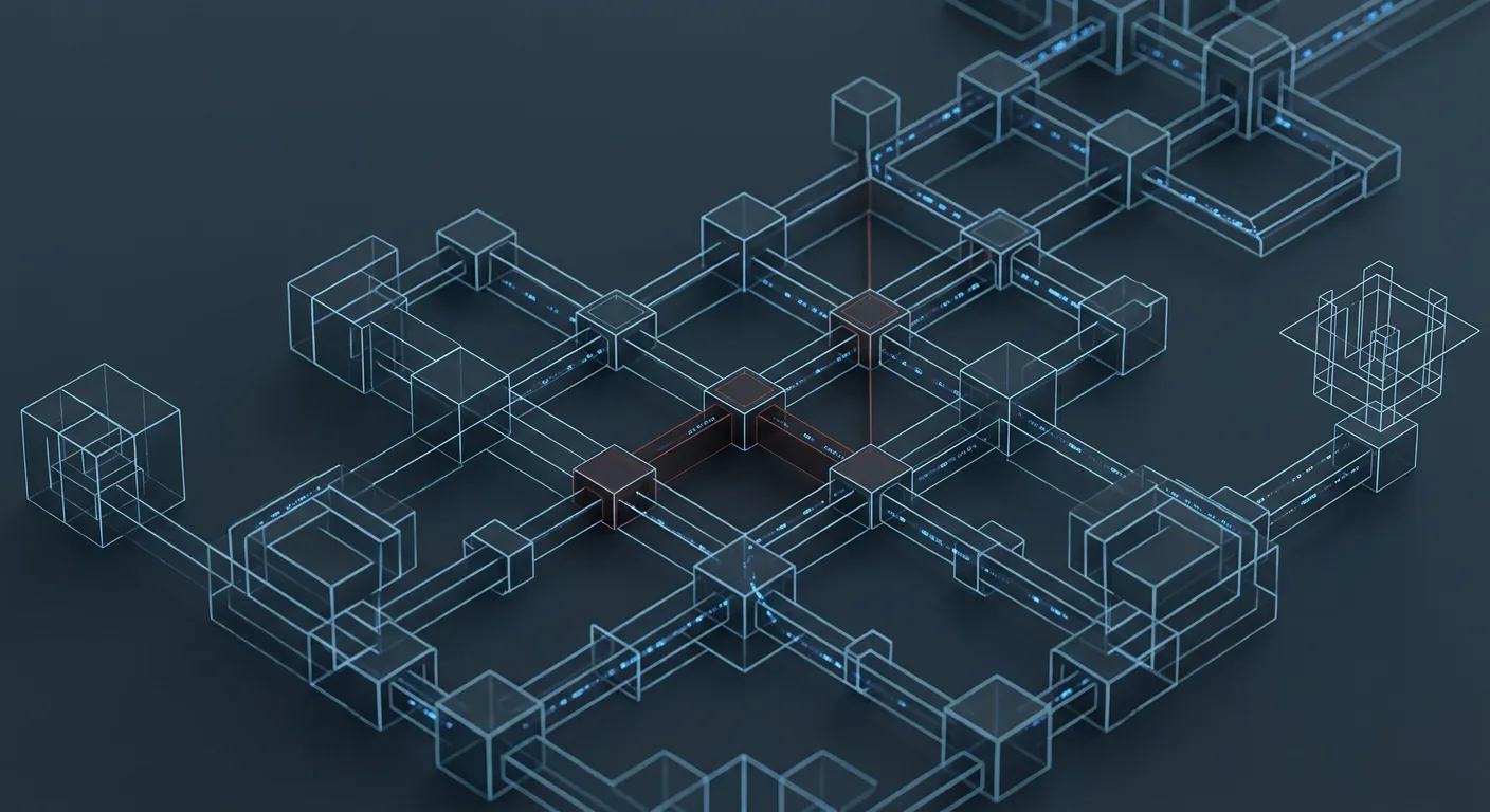 An isometric wireframe of connected nodes on a dark field, a handful of nodes lit at the centre