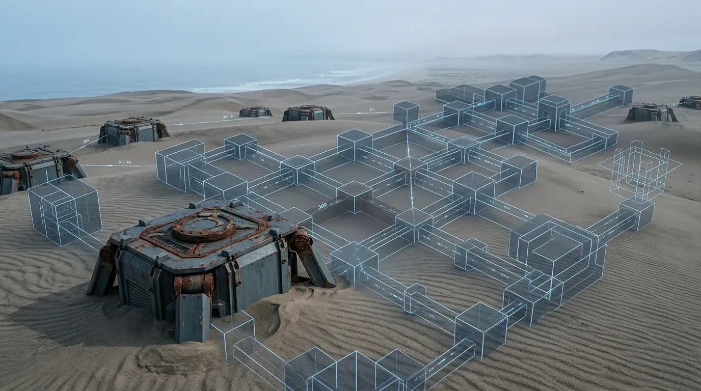 Ruggedised sensor units seated in desert sand, a translucent wireframe mesh linking them toward the coast